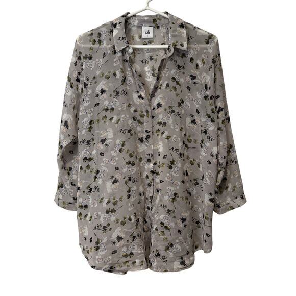 CAbi‎ Women's Floral Sheer Blouse Gray Career Fairy Coquette Button Front S - Picture 1 of 8